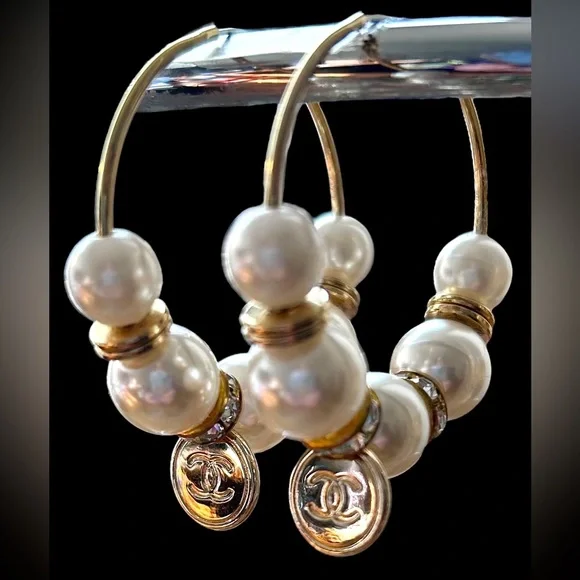 CC Logo Luxe-Inspired Gold, Pearl & CZ Upcycled Hoop Earrings - Picture 1 of 9